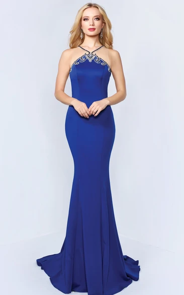 Halter Illusion Formal Dress with Sleeveless Jersey and Beading