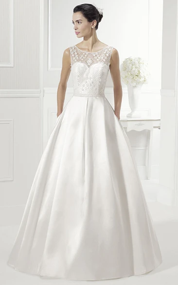 Jewel Neck Sleeveless Taffeta Bridal Ball Gown Lace Bodice Elegant Design