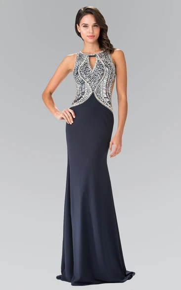 Backless Sleeveless Jewel-Neck Formal Dress with Beading and Sequins in Jersey Fabric