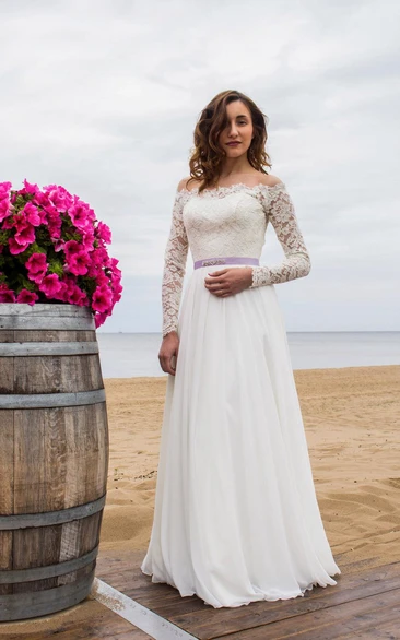 Long Sleeve Wedding Dress Off-Shoulder Chiffon Skirt Sheer Back Modern