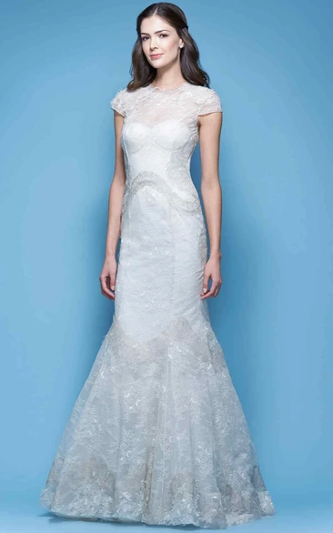 Cap-Sleeve Lace Trumpet Wedding Dress with Illusion High Neck Bridal Gown