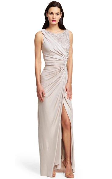 Sleeveless Sheath Bridesmaid Dress with Split-Front and Bateau Neck in Jersey