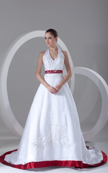 Satin Halter A-Line Wedding Dress with Beading and Sash Elegant Wedding Dress 2024