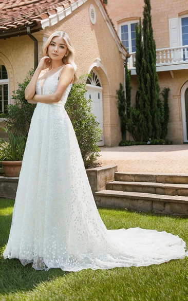 Spaghetti Straps Lace Appliques A-Line Plunging Neckline Floor-length Sleeveless Ethereal Garden Bridal Wedding Dress with Sash Zipper Deep-V Back