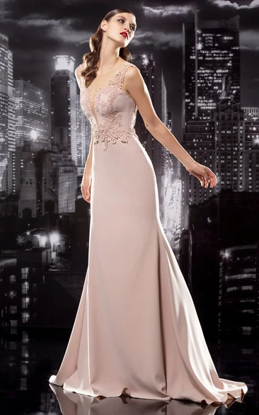 Sleeveless Sheath Jersey Formal Dress with Low-V Back and Appliques