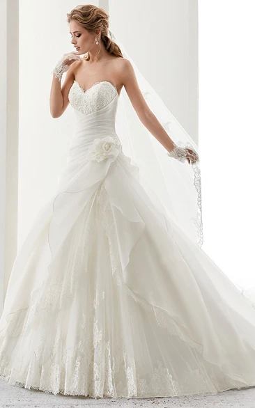 A-line Bandage Waist Wedding Dress with Side Flower Ruffles