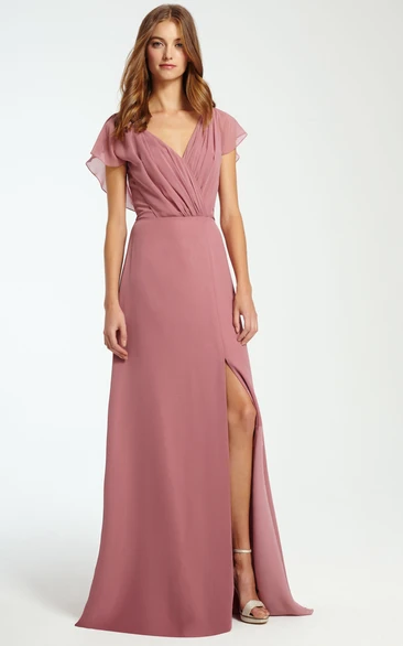 Chiffon Bridesmaid Dress with Split Front Sleeveless V-Neck Ruched