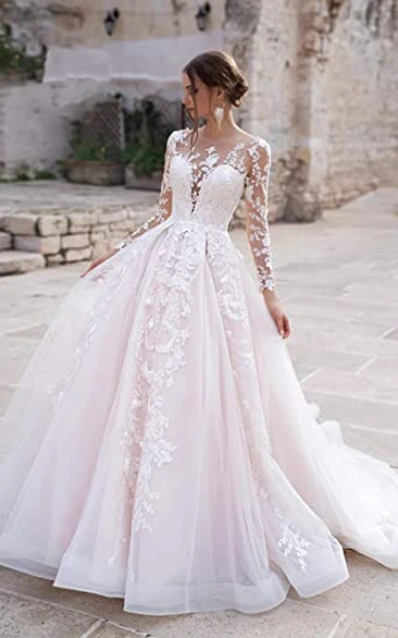 Lace Illusion Sleeve A-Line Plunging Neckline Wedding Dress with Appliques