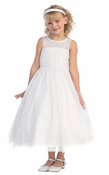 Bell-Sleeve Pleated Flower Girl Dress with Illusion Tea-Length Elegant Dress