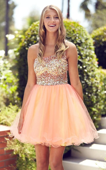 Colorful A-Line Tulle Formal Dress with Beading and Sleeveless Straps