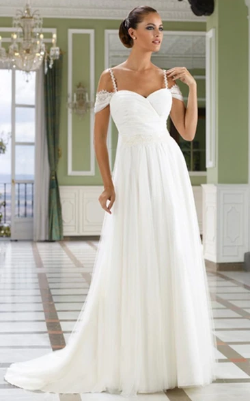 Floor-Length Tulle Wedding Dress with Appliques Spaghetti Straps and V-Back