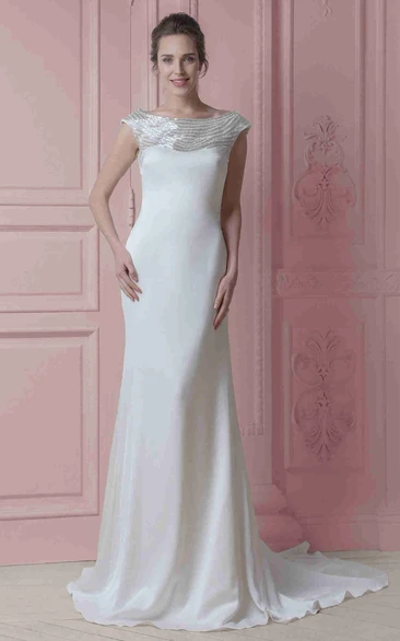 Beaded Cap-Sleeve Chiffon Wedding Dress with V-Back and Sweep Train