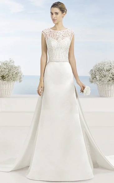 Beaded Satin Wedding Dress with Watteau Train and Scoop Neckline