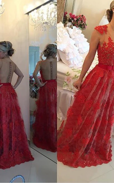 Red Lace Evening Dress with Pearls and Sheer Floor-Length