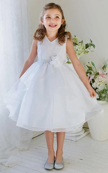 Tiered Lace & Organza Tea-Length Flower Girl Dress Embroidered