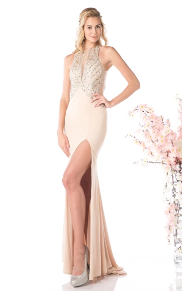 Jersey Sheath Formal Dress with Split Front Beading and Jewel-Neck