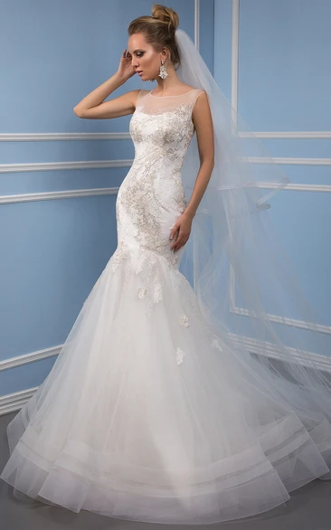 Sleeveless Trumpet Tulle Wedding Dress with Illusion Back and Ruffles Bateau Neckline Bridal Gown