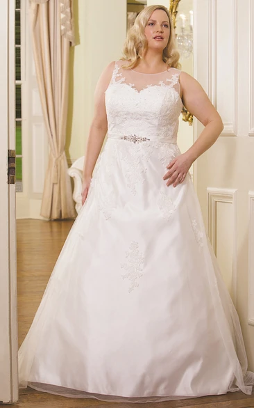 Plus Size A-Line Satin Wedding Dress with Appliques and Waist Jewelry