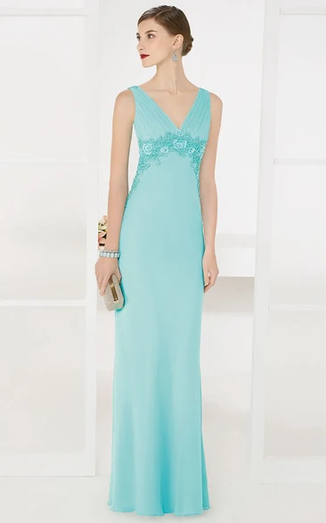 Illusion Back Appliqued Sheath Prom Dress with Empire Waist Long