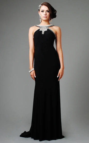 Beaded Chiffon Sleeveless Maxi Bridesmaid Dress with Scoop Neck