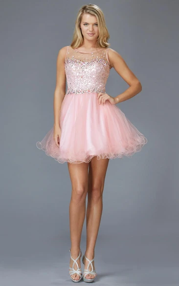 Mini Keyhole Tulle Dress with Beading and Ruffles for Women