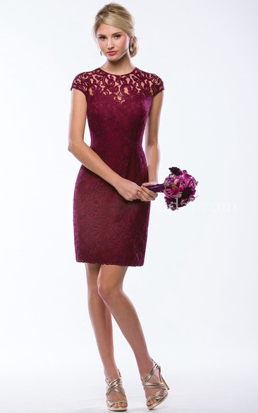 Illusion Style Lace Sheath Bridesmaid Dress with Cap-Sleeves