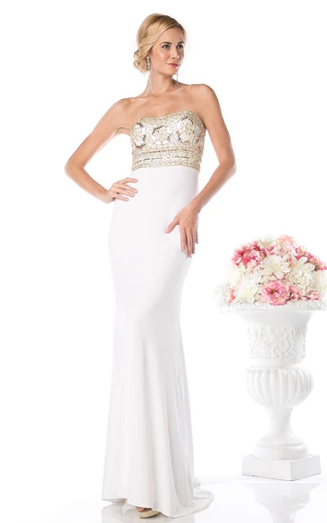 Strapless Sleeveless Sheath Formal Dress with Beading in Jersey Fabric