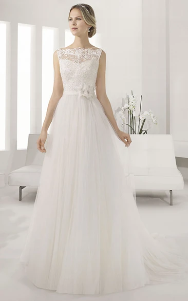 Lace Top Tulle A-line Wedding Dress with Pleats and Waist Flower