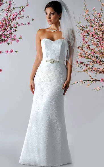 Sheath Wedding Dress with Sweetheart Neckline Lace and Pearl Satin Sash