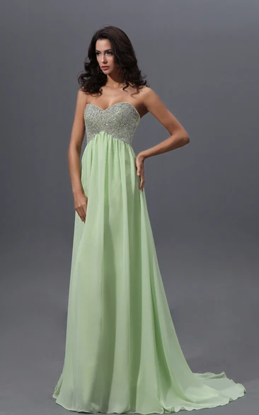 Sleeveless A-Line Prom Gown with Sequined Bodice Classy Sweetheart Empire