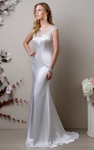 Satin Bateau Neck Wedding Dress with Lace Appliques and Sheath Silhouette