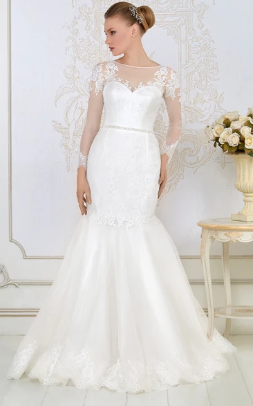 Lace Mermaid Long-Sleeve Jewel-Neck Wedding Dress with Waist Jewelry