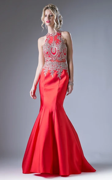 Long Sleeveless Backless Formal Dress with Appliques and Beading