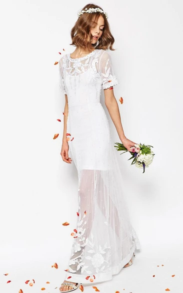 Short-Sleeve Sheath Tulle Wedding Dress Embroidered V-Back Bridal Gown