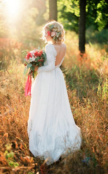 Romantic Lace Chiffon A-Line Wedding Dress with Long Train