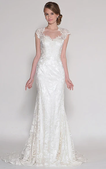 Cap-Sleeve Lace Wedding Dress with Appliques and V-Neck Sheath Bridal Gown