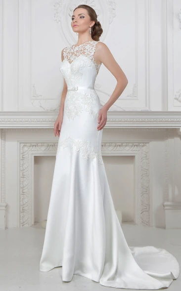 Sleeveless Maxi Jewel-Neck Satin Sheath Wedding Dress Classy Bridal Gown