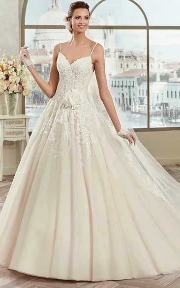 A-line Spaghetti Strap Wedding Dress with Floral Embellishments