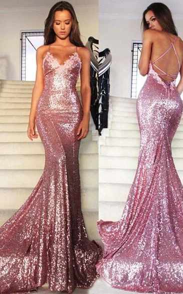 Mermaid Sequin V-Neck Prom Dress with Spaghetti Straps and Glamorous Style