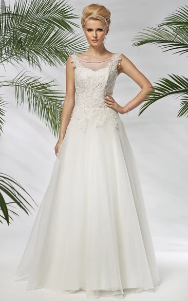 A-Line Tulle & Satin Wedding Dress Appliqued Floor-Length Sleeveless