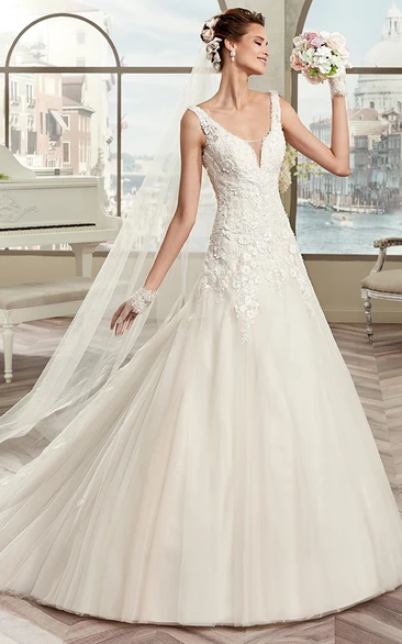 Cap-Sleeve A-Line Wedding Dress with V-Neck and Brush Train