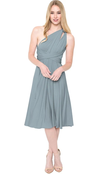 One-Shoulder Ruched Chiffon Bridesmaid Dress Tea-Length Sleeveless Convertible Multi-Color