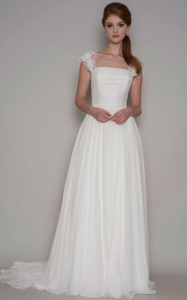 Cap-Sleeve Floor-Length A-Line Chiffon Wedding Dress With Lace Flowy Bridal Gown