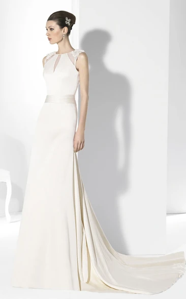 Sheath Sleeveless Chiffon Wedding Dress with Jewel Neck and Floor-Length