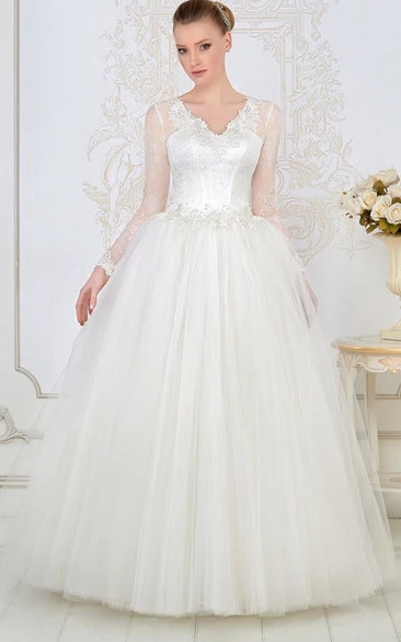 Lace Applique Beaded V-Neck Wedding Dress with Tulle Ball Gown Maxi Sleeves