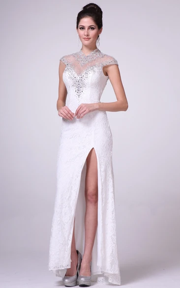 High Neck Lace Illusion Dress with Beading Unique Prom Dress