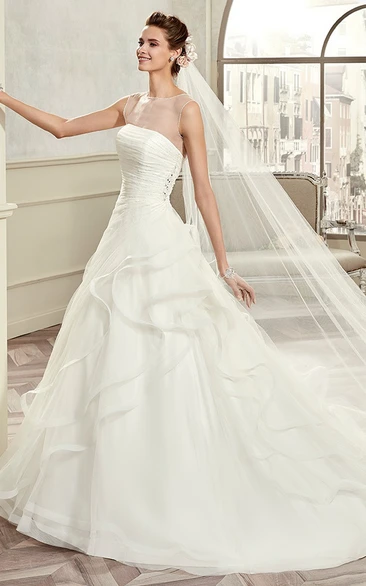 A-line Wedding Dress with Pleated Bodice and Ruffles Cap-sleeve Bridal Gown