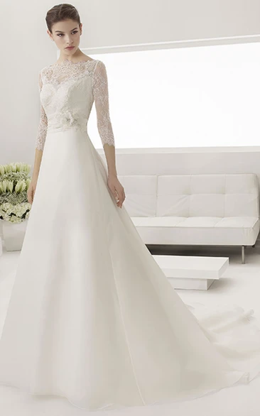 A-Line Wedding Dress with Bateau Neckline 3/4 Illusion Sleeves and Floral Appliques