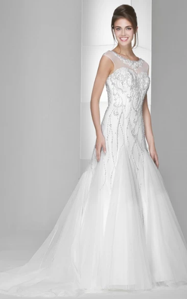 Tulle Cap-Sleeve A-Line Wedding Dress with Beaded Scoop Neckline