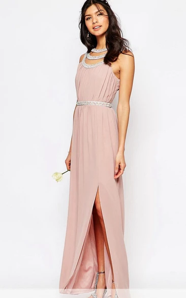 Beaded Sleeveless Chiffon Bridesmaid Dress Ankle-Length Elegant